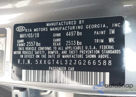 2018 Kia Optima Lx z USA, uszkodzony, nr VIN 5XXGT4L32JG266588